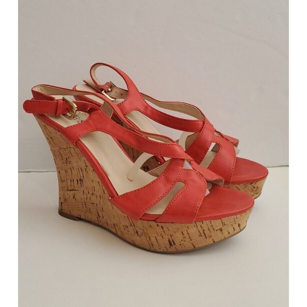 Guess Domino Sz 7½ Platform Cork Wedges Coral Red Faux Leather Sandals Display